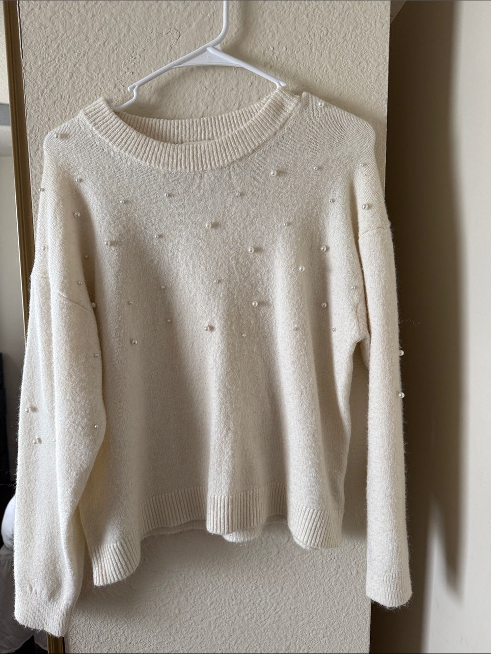 H&M Ivory Pearl-Trim Crewneck Sweater